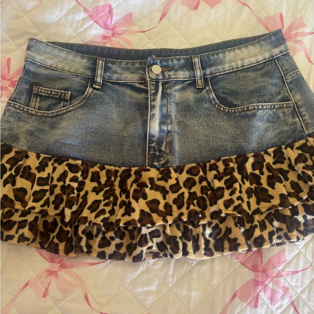 Denim Mini Skirt with Leopard Ruffle Trim - Blue